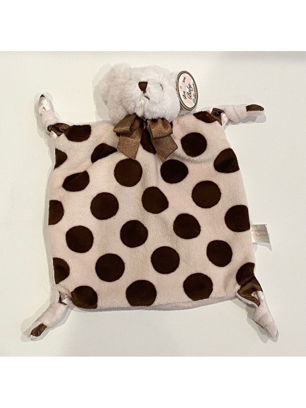 Bearington Baby Lovey Bear Pink Brown Polka Dot Satin Ribbon Bow Square Knot Toy